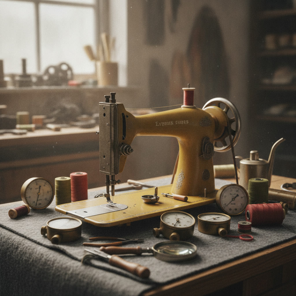 A sewing machine on a felt repair bench
